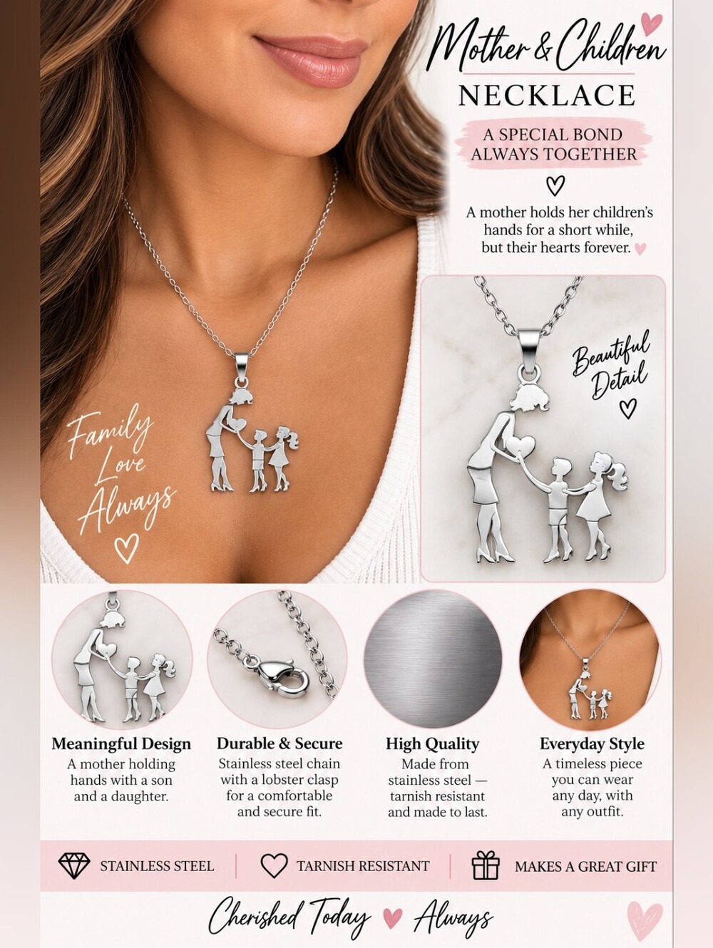 Mother & Children Stainless Steel Necklace - Silver Family Pendant